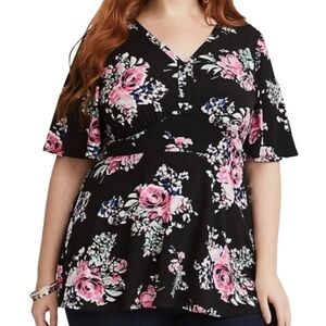 torrid Black Pink Floral V-Neck Babydoll Stretch Comfy Top Shirt Plus Size 2X 2